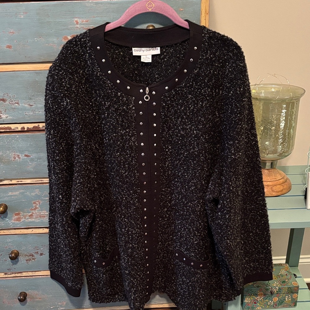 Cathy Daniels Black/gray/white Textured Cardigan with Stud Details Sz 3x